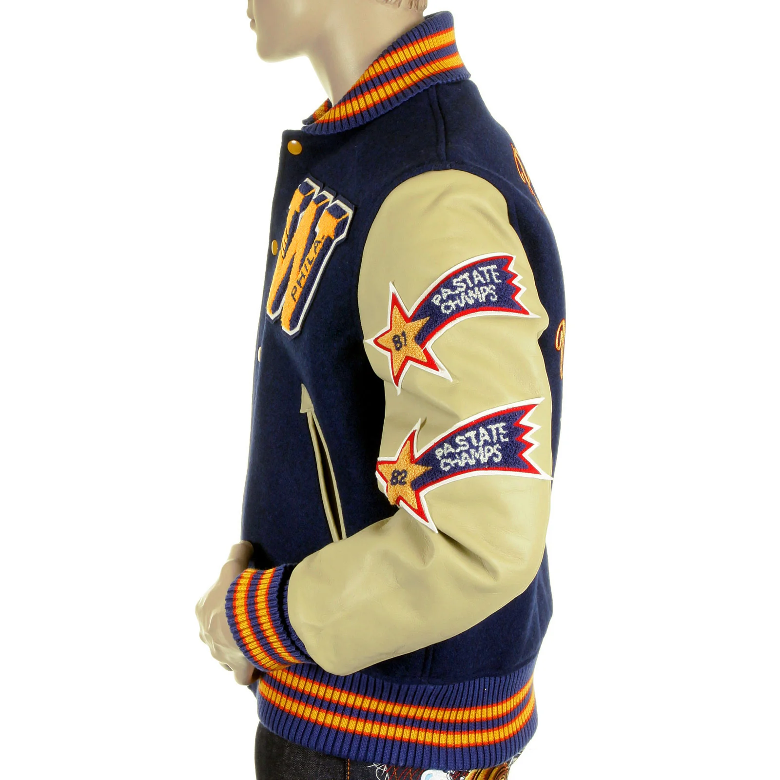 Sugar Cane Mens WV11793 Royal Blue with Cream Leather Sleeve Philadelphia Wild Cats Letterman Stadium Jacket WHIT4228 - Image 6