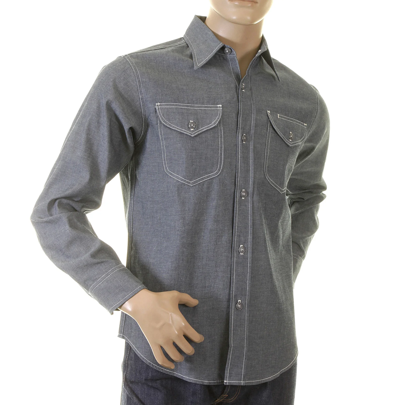 Navy Chambray Non Wash SC25638N Vintage Cut Work Shirt CANE2021 - Image 3