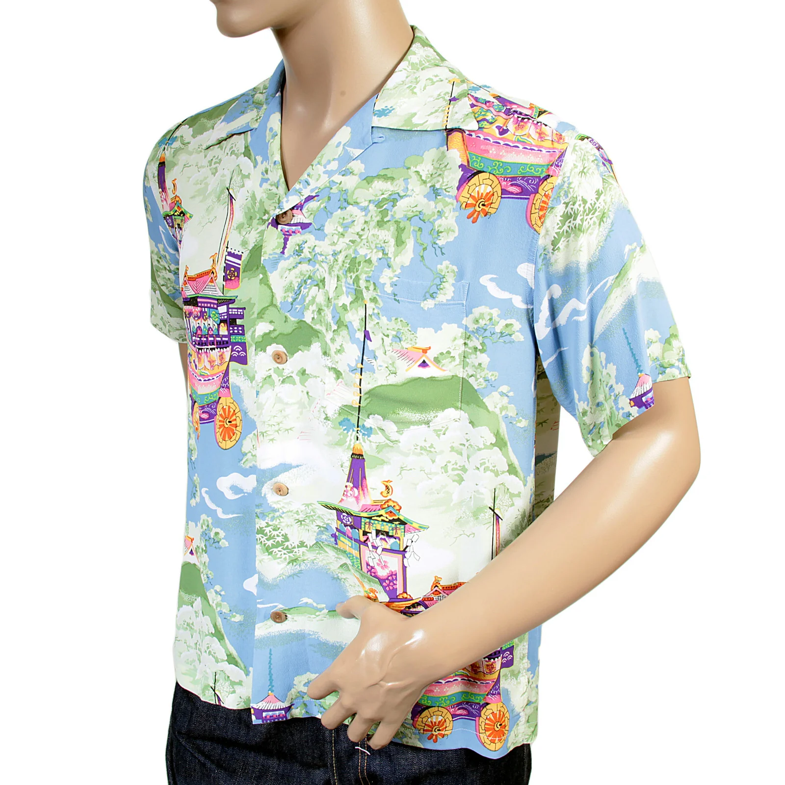 Mens Gion Matsuri Print SS36431 Rayon Hawaiian Shirt in Blue SURF4301 - Image 4